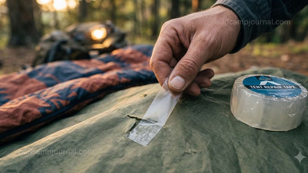 Close-up of hand pressing waterproof repair tape firmly onto a small tear in tent fabric as an emergency campsite fix