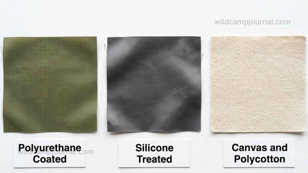 Three tent fabric swatches compared side by side showing polyurethane coated nylon, silicone treated fabric, and canvas polycotton textures with labels