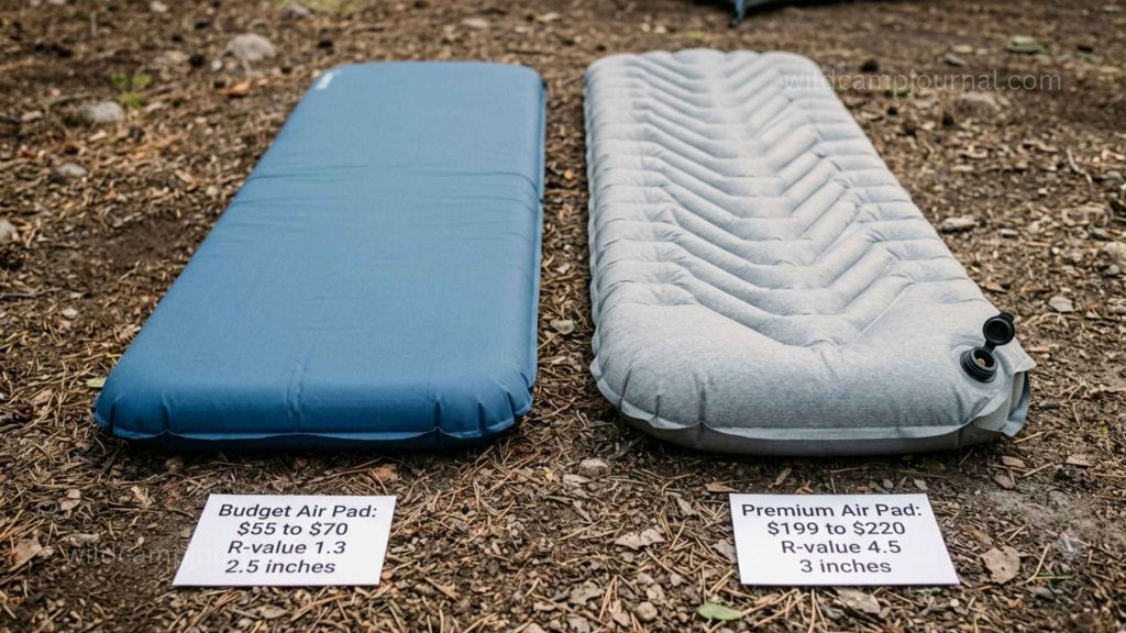 Two inflated air sleeping pads side by side showing budget air pad at 2.5 inches thick on left versus premium ultralight air pad at 3 inches thick on right with price and R-value labels