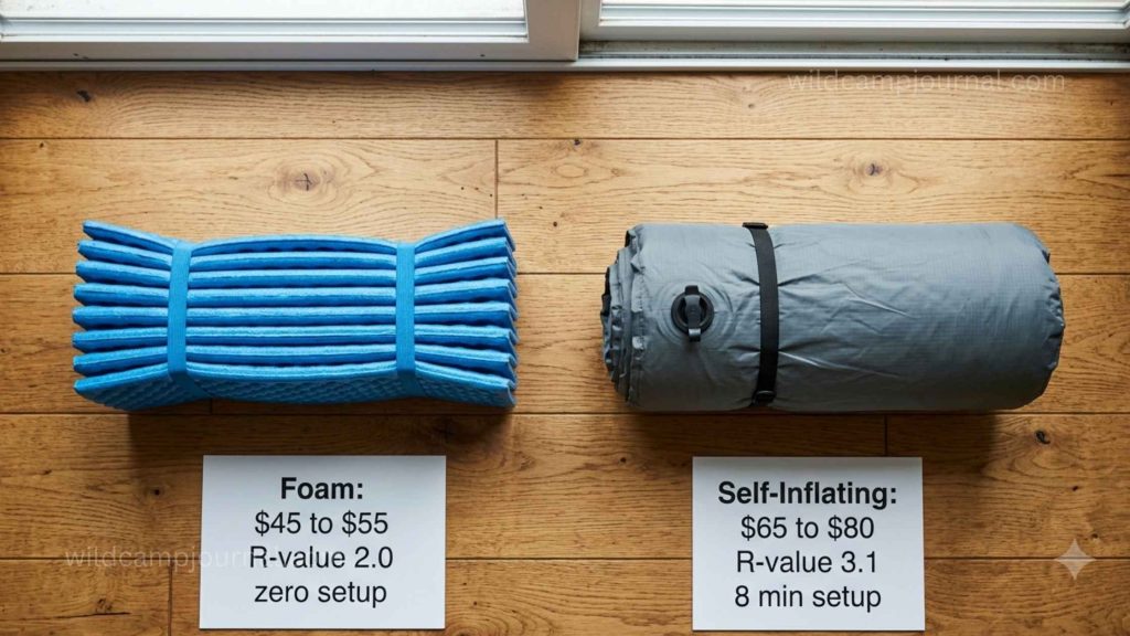 Side by side flat lay of folded foam sleeping pad labelled with price and R-value alongside rolled self-inflating pad showing budget comparison between two pad types