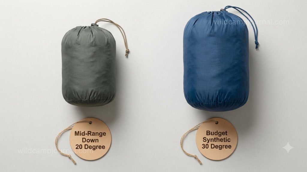 Side by side flat lay of compact down 20 degree sleeping bag and larger synthetic 30 degree sleeping bag in stuff sacks showing mid-range versus budget three-season options