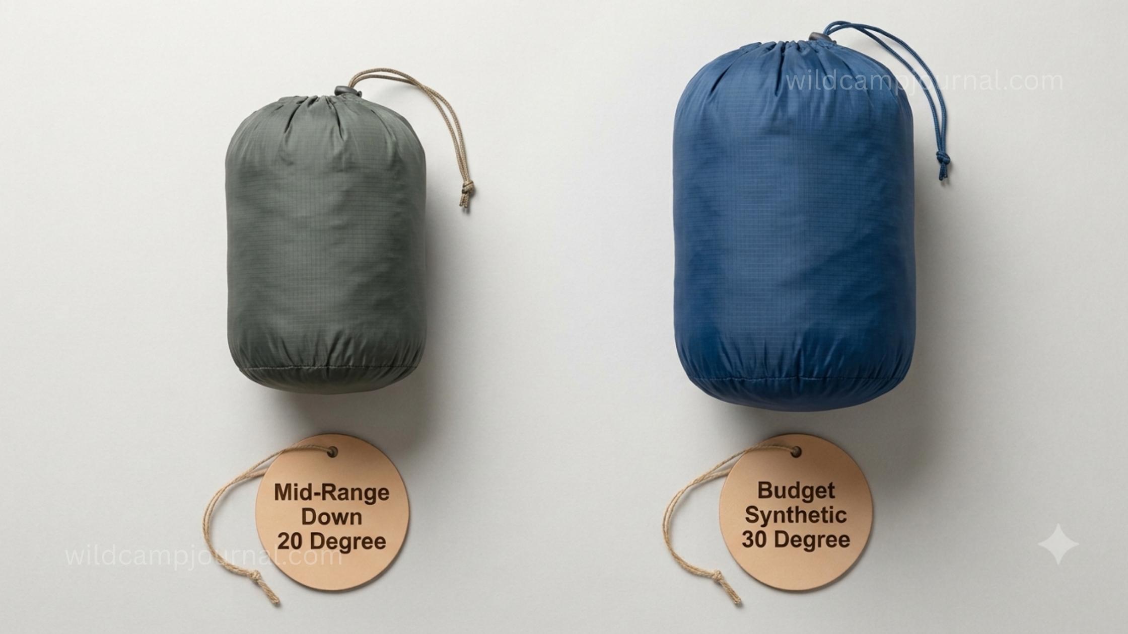 Side by side flat lay of compact down 20 degree sleeping bag and larger synthetic 30 degree sleeping bag in stuff sacks showing mid-range versus budget three-season options