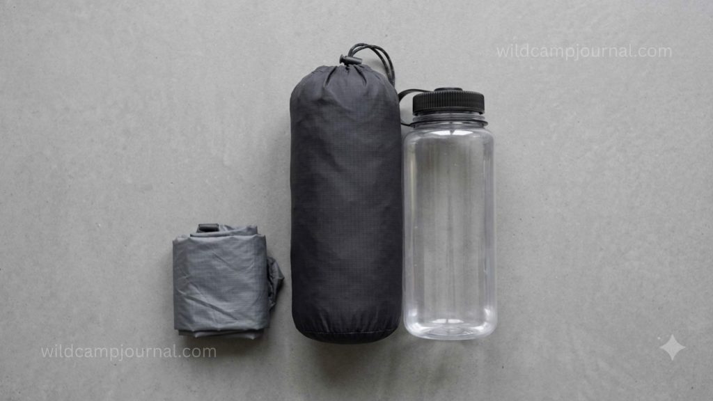 Deflated ultralight air sleeping pad in stuff sack placed beside standard 1 litre water bottle for scale showing compact packed size with pump sack alongside