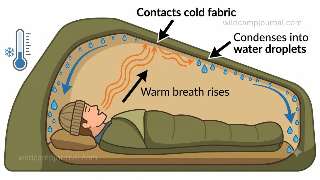 Educational diagram showing condensation cycle inside a bivy sack with warm breath rising and forming water droplets on cold inner fabric surface