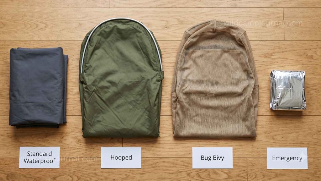 Four bivy sack types shown in flat lay: standard Gore-Tex waterproof bivy, hooped bivy with aluminium frame, mesh bug bivy, and silver mylar emergency bivy with labels