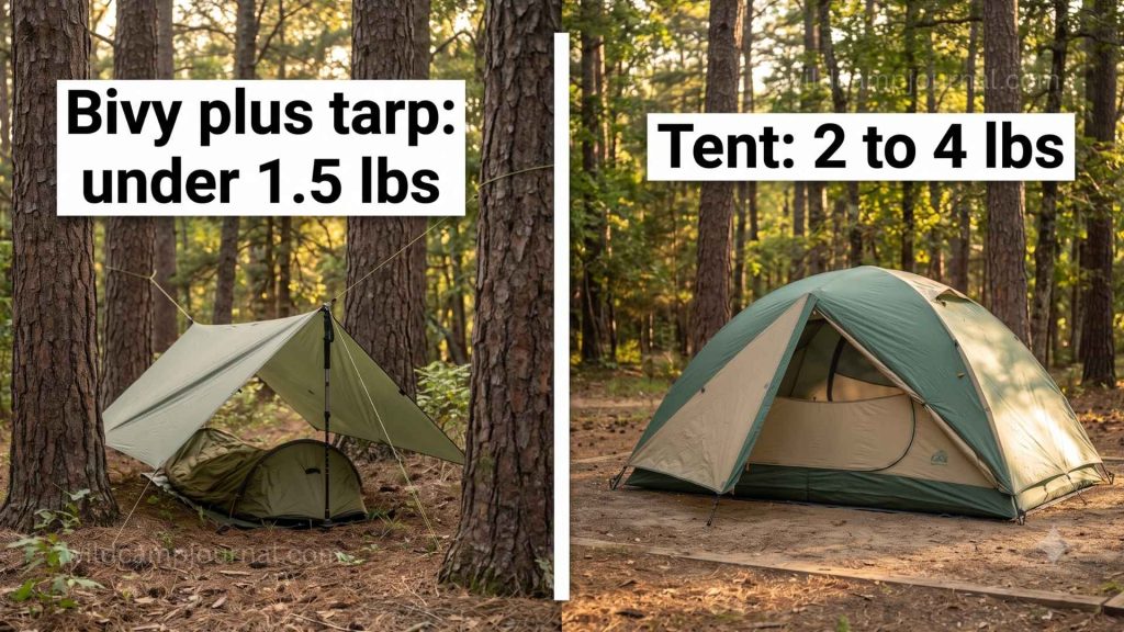 Split image comparing compact bivy sack and tarp setup under 1.5 pounds in tight forest space on left versus dome tent requiring larger flat area at 2 to 4 pounds on right