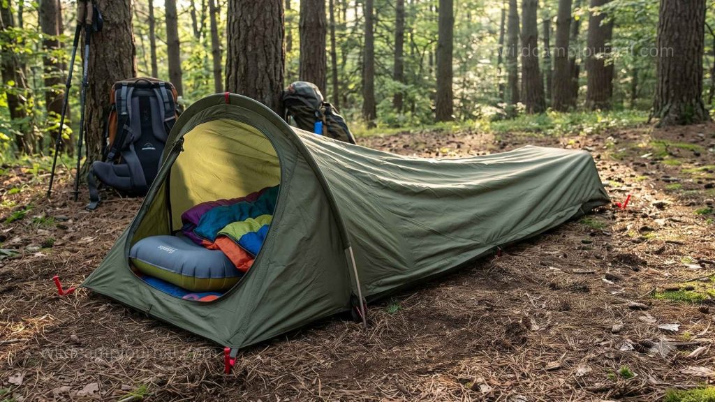 Hooped bivy sack at a forest campsite showing aluminium hoop creating raised dome at head end with sleeping bag visible through opening and foot stakes in ground