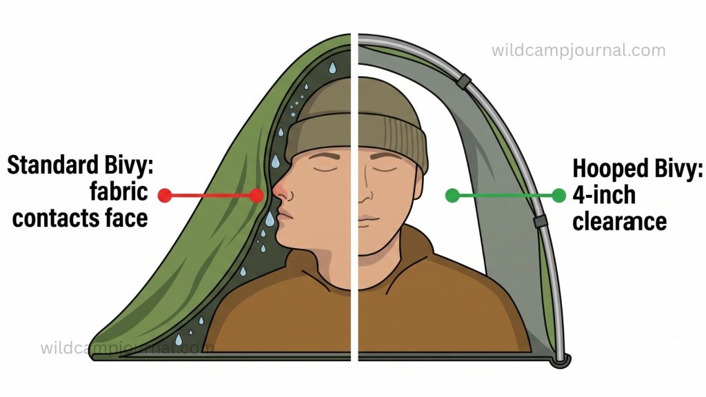 Cross-section diagram comparing standard bivy with fabric contacting face on left versus hooped bivy with 4-inch air clearance creating breathing space on right