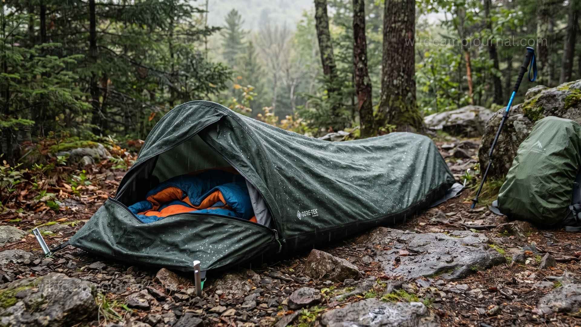 Dark green Gore-Tex bivy sack deployed on rocky forest campsite in light rain showing water beading off fabric with diagonal stake points visible