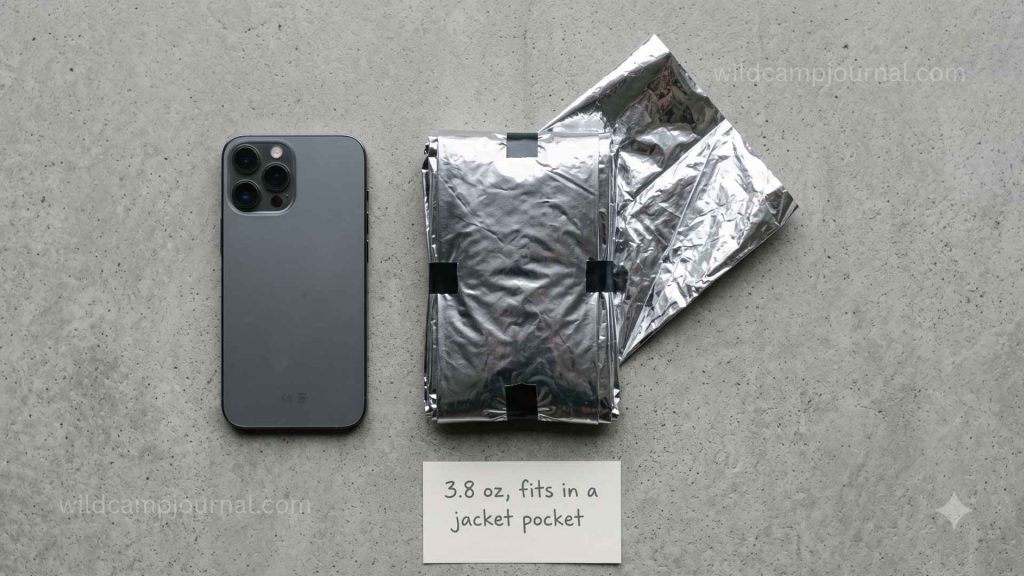 Silver mylar emergency bivy sack in folded packed state beside a smartphone for scale showing compact size at 3.8 ounces